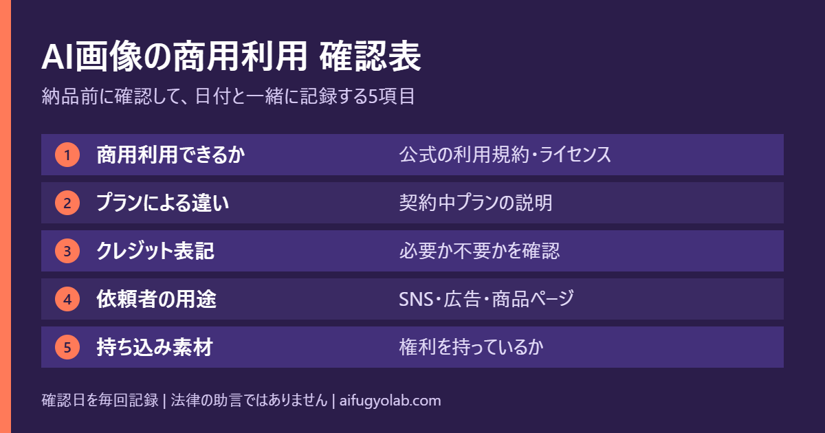 AI画像を納品する前に確認する商用利用の5項目を並べた確認表