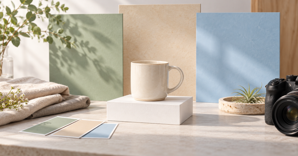 商品撮影用のマグカップと三色の背景ボード、カメラを並べた制作風景。